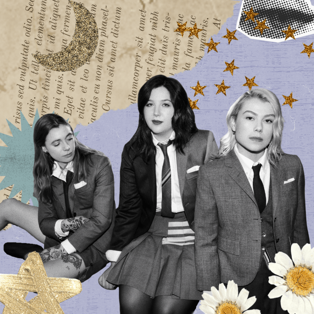 boygenius on Soft Sound Press [from left to right: a black & white photo of Julien Baker, Lucy Dacus, and Phoebe Bridgers is pasted scrapbook collage style into a collection of glittery star stickers, pressed flowers, and scrap paper]